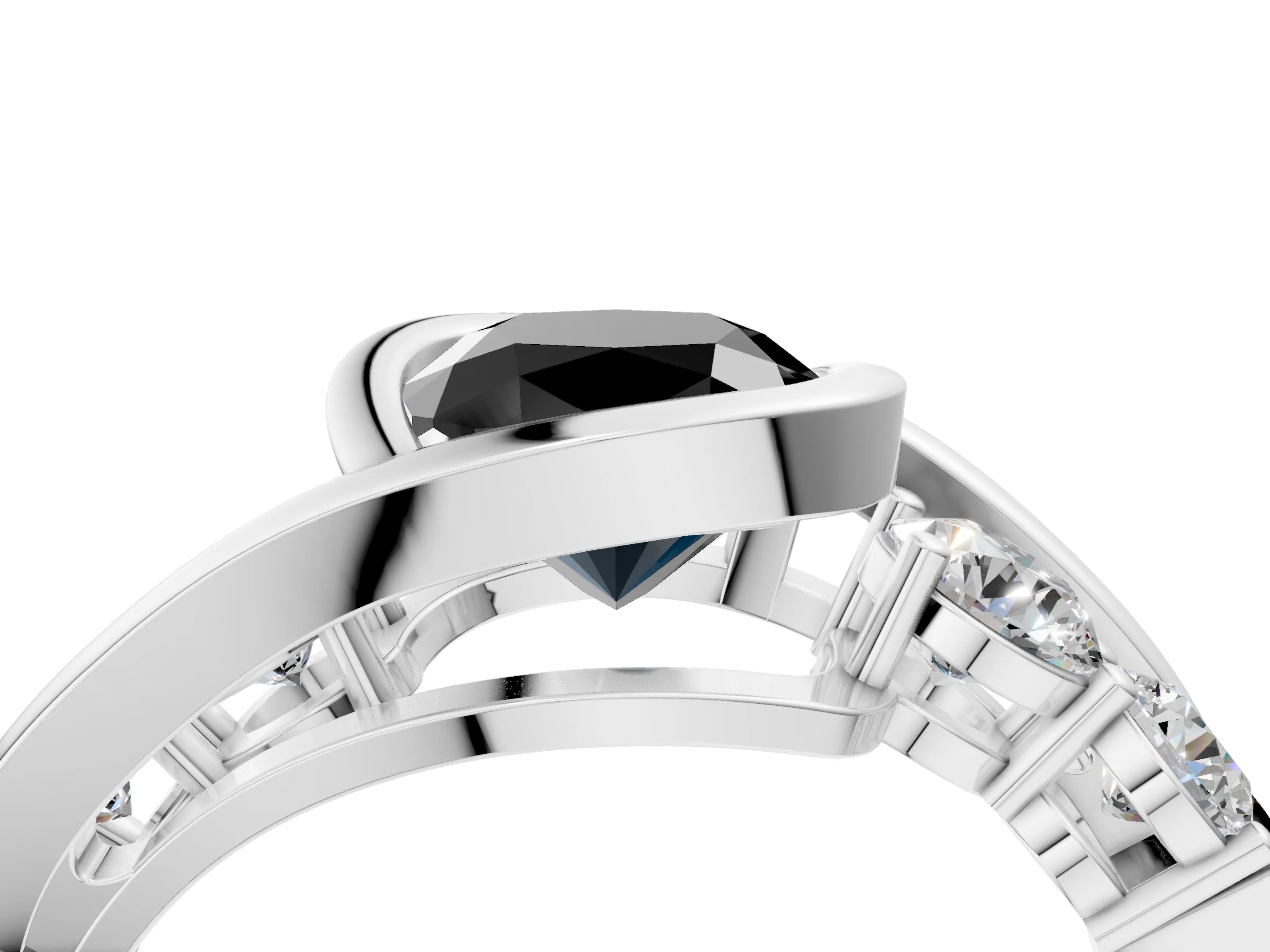 White gold Bezel Set Fancy Black Cushion Cut Diamond Split Shank Ring_4
