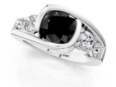 White gold Bezel Set Fancy Black Cushion Cut Diamond Split Shank Ring_49
