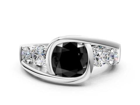 White gold Bezel Set Fancy Black Cushion Cut Diamond Split Shank Ring_49