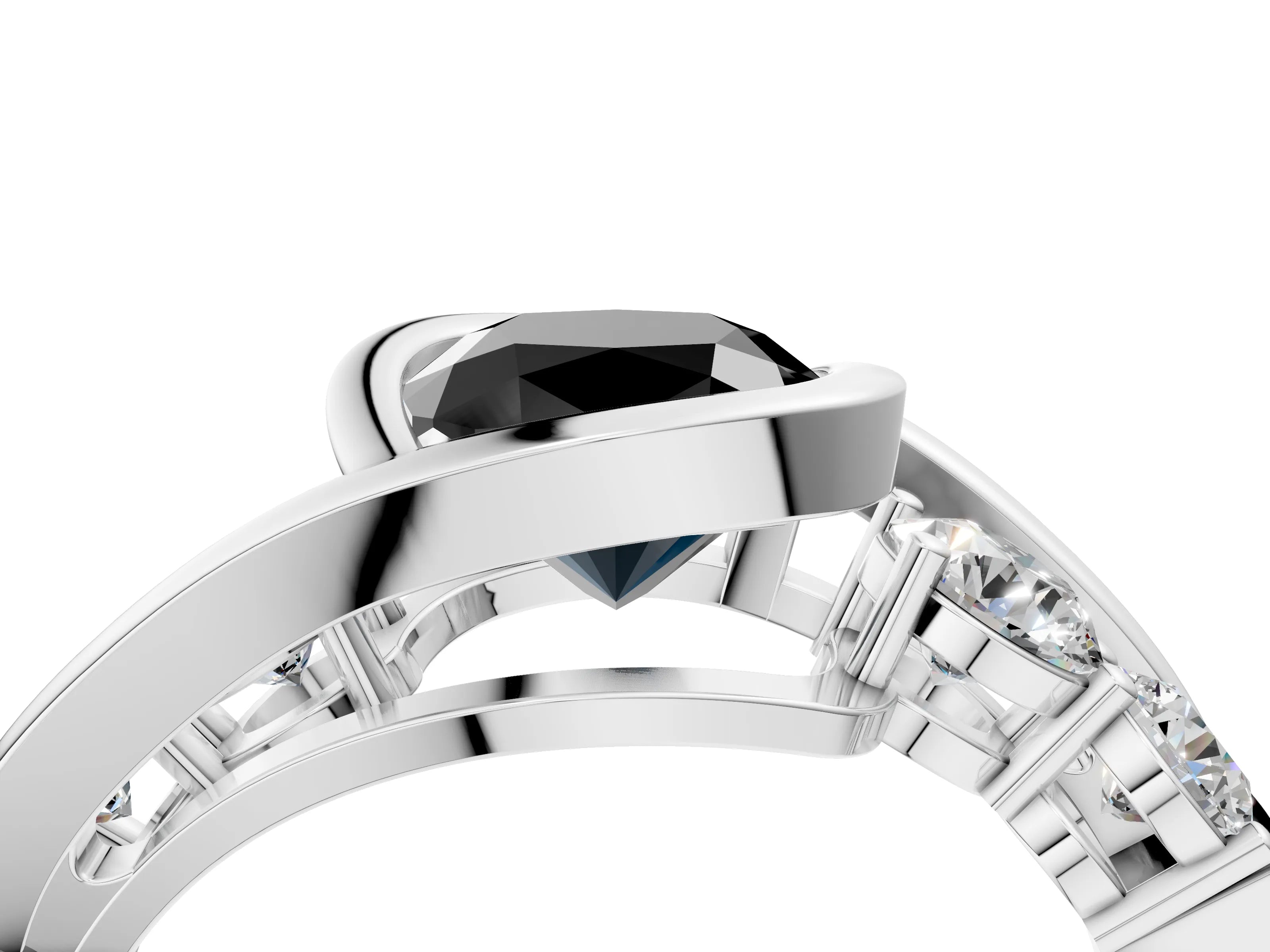 White gold Bezel Set Fancy Black Cushion Cut Diamond Split Shank Ring_52