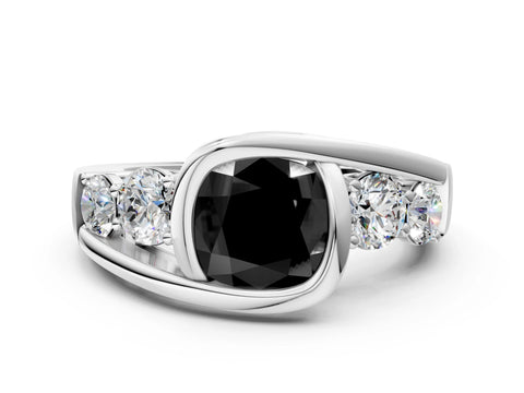 White gold Bezel Set Fancy Black Cushion Cut Diamond Split Shank Ring