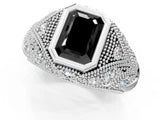 White gold Bezel Set Fancy Black Emerald Cut Diamond Milgrain Band Ring_1