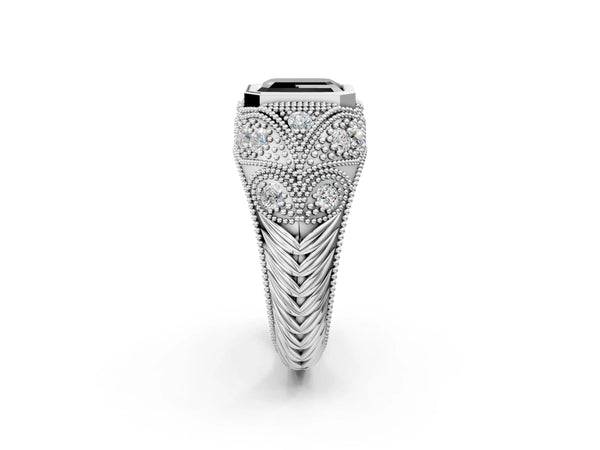 White Gold Emerald Cut Vintage Bezel Engagement Ring Setting for Black Center with Milgrain