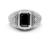 White gold Bezel Set Fancy Black Emerald Cut Diamond Milgrain Band Ring