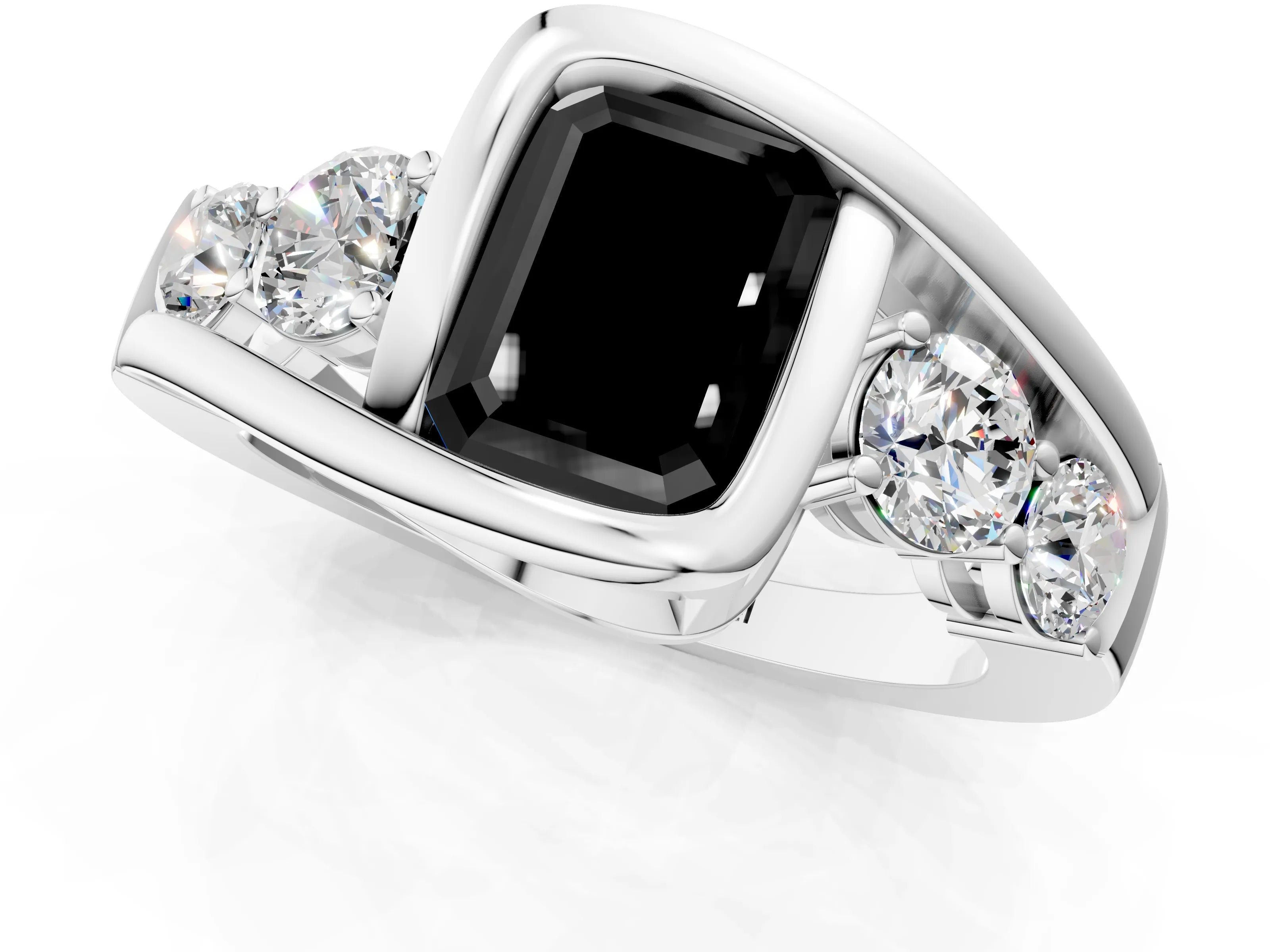 White gold Bezel Set Fancy Black Emerald Cut Diamond Split Shank Ring_1