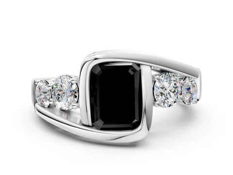 White gold Bezel Set Fancy Black Emerald Cut Diamond Split Shank Ring_12