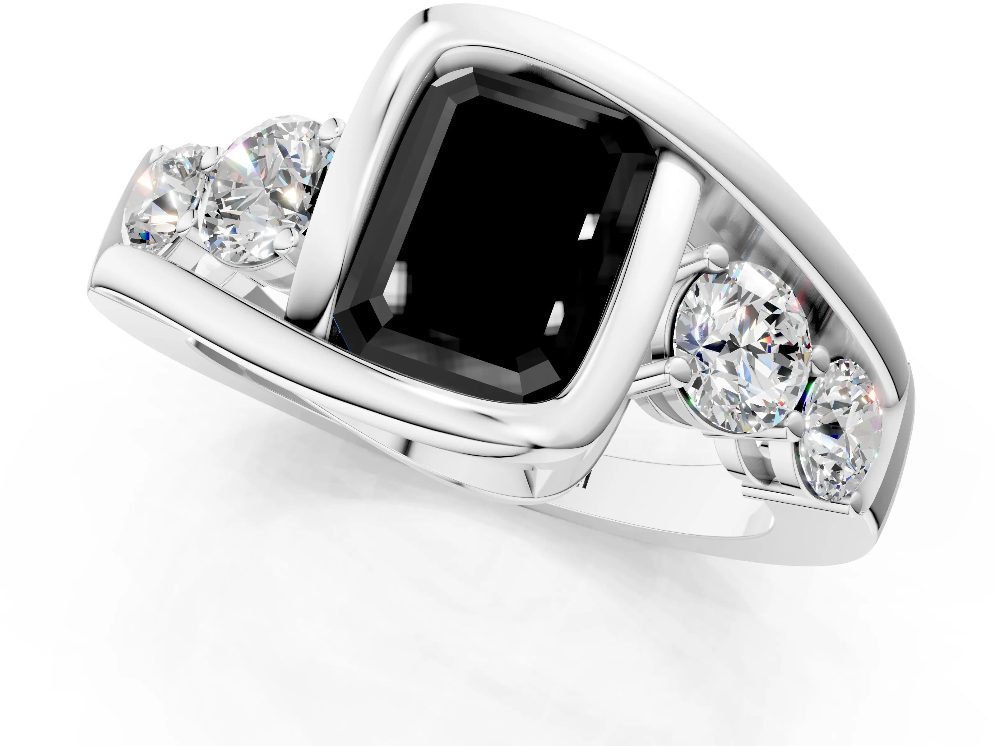 White gold Bezel Set Fancy Black Emerald Cut Diamond Split Shank Ring_19