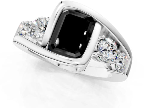 White gold Bezel Set Fancy Black Emerald Cut Diamond Split Shank Ring_1