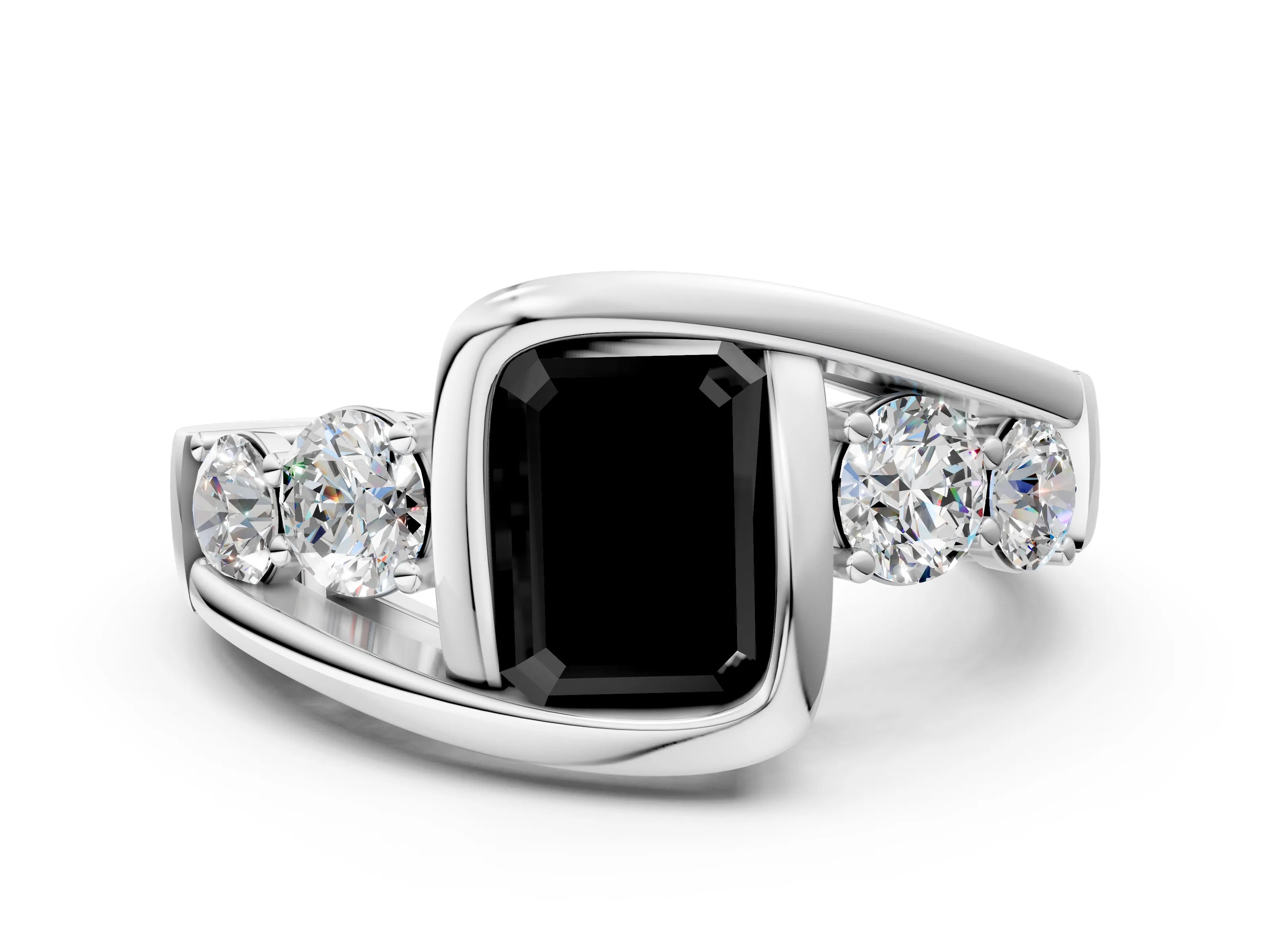 White gold Bezel Set Fancy Black Emerald Cut Diamond Split Shank Ring_24