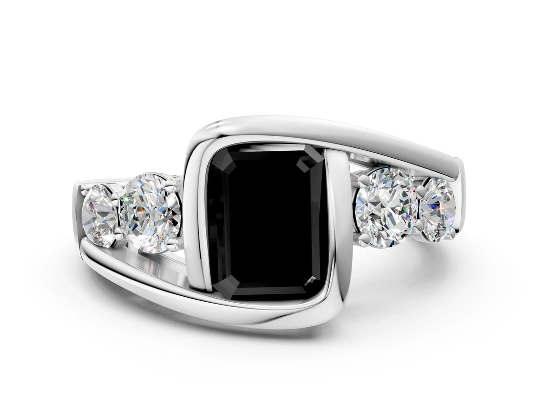 White gold Bezel Set Fancy Black Emerald Cut Diamond Split Shank Ring_24