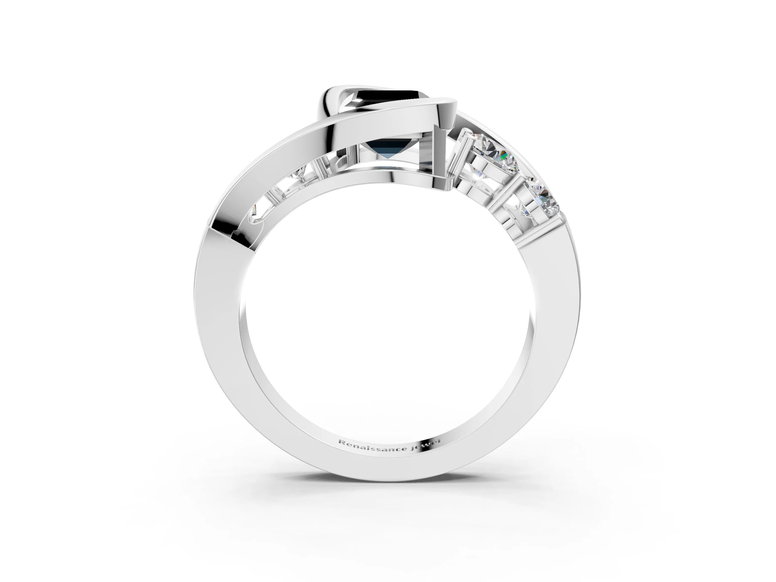 White gold Bezel Set Fancy Black Emerald Cut Diamond Split Shank Ring_27