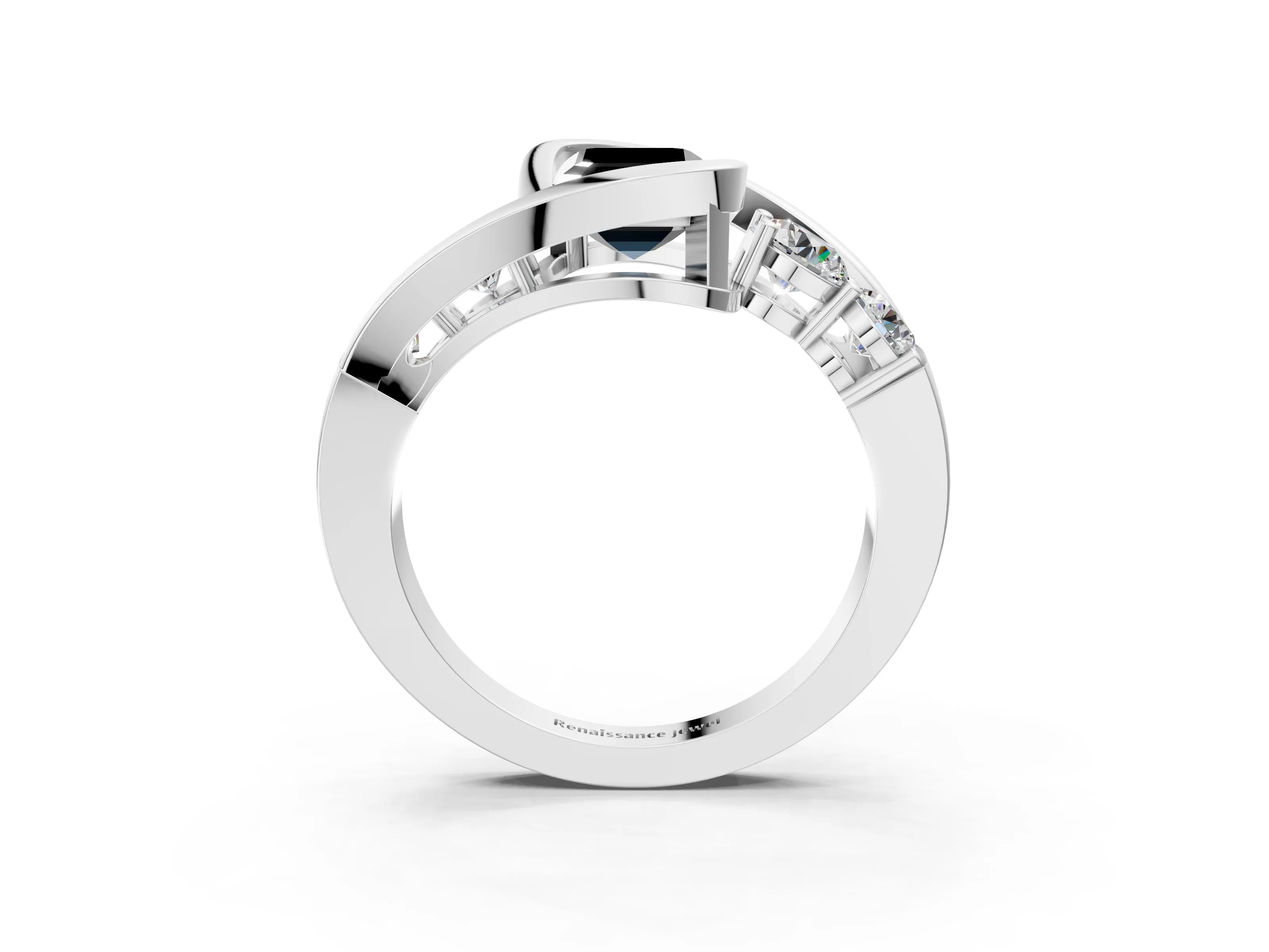 White gold Bezel Set Fancy Black Emerald Cut Diamond Split Shank Ring_3