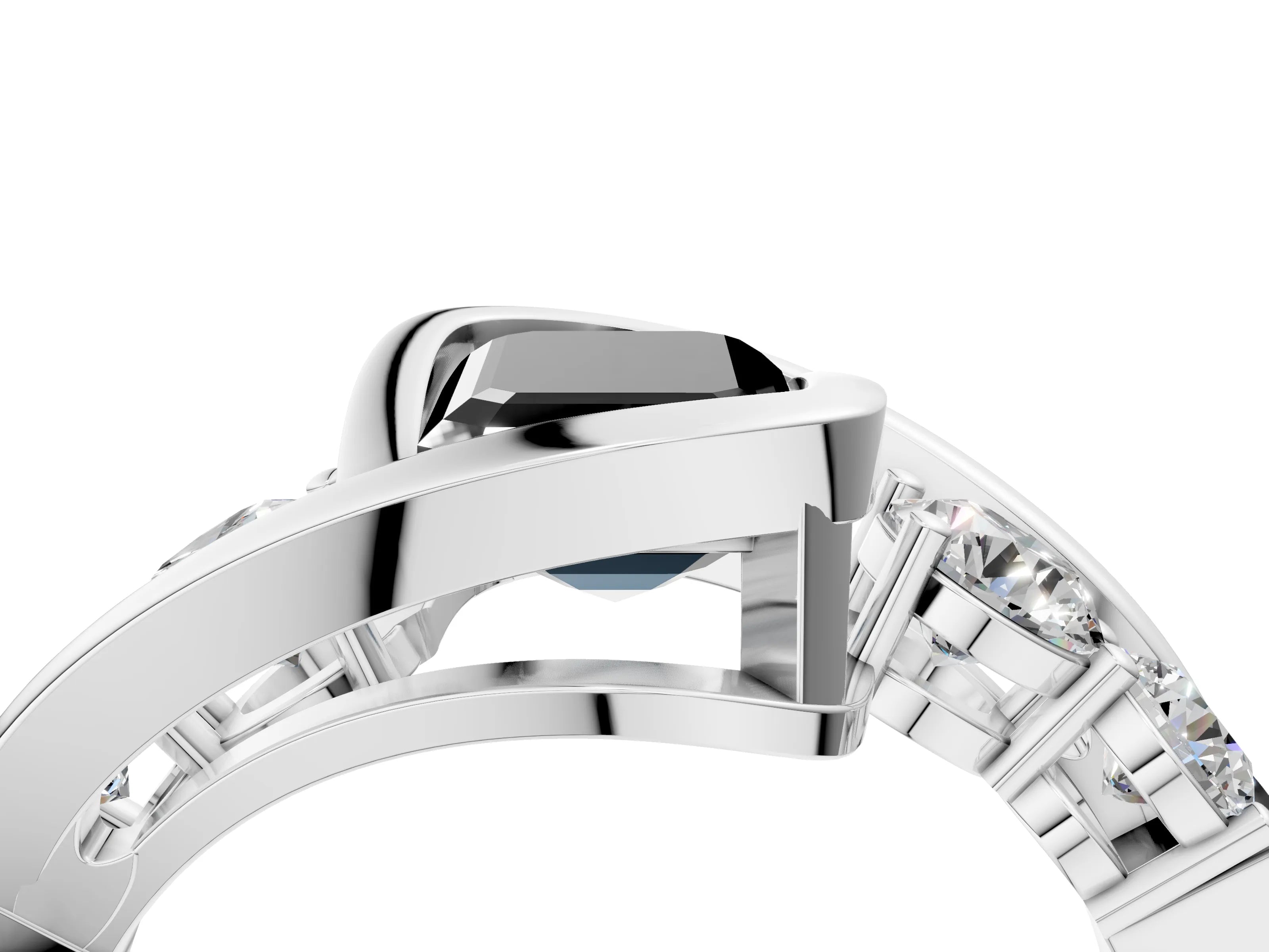 White gold Bezel Set Fancy Black Emerald Cut Diamond Split Shank Ring_4