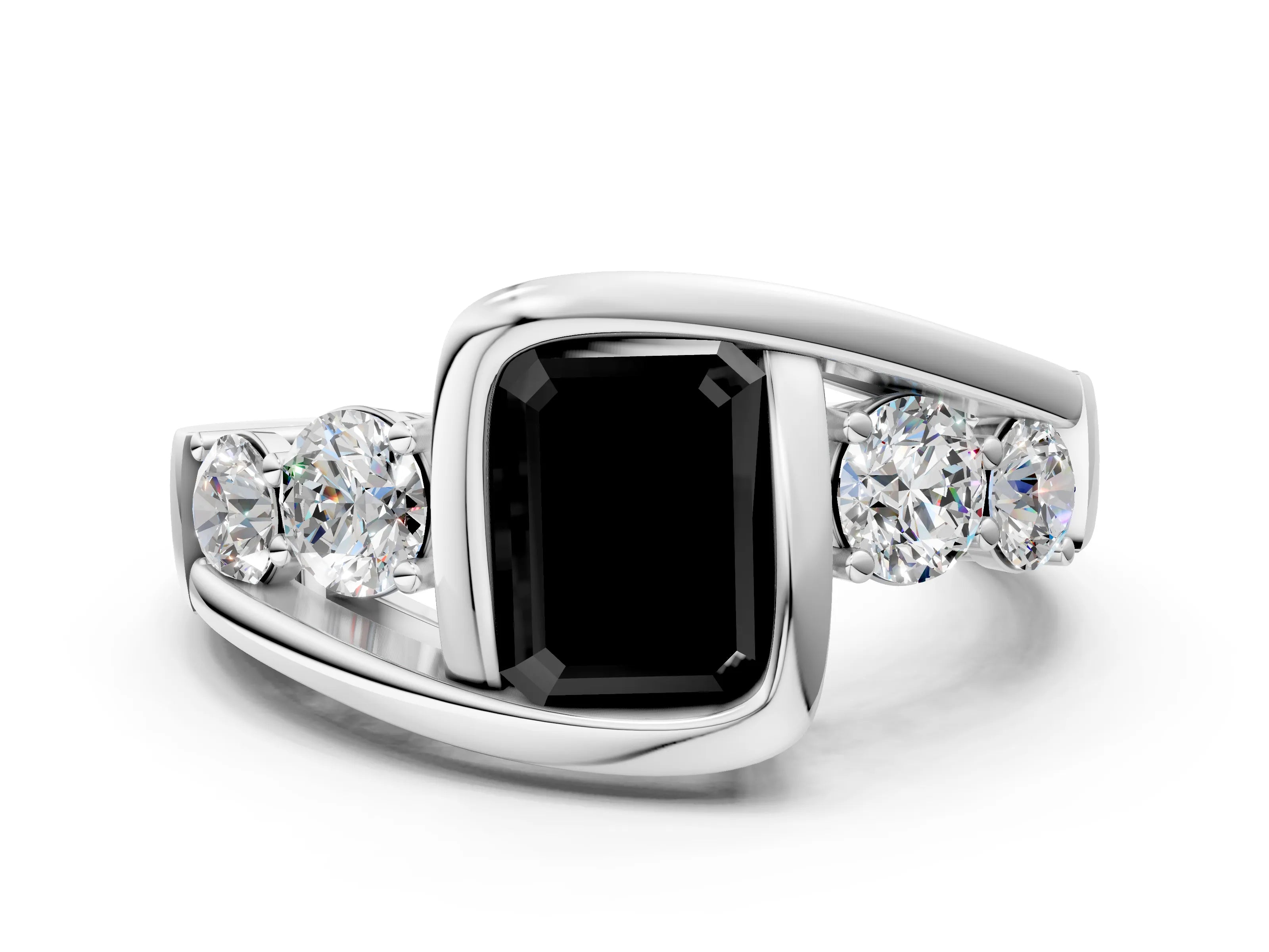 White gold Bezel Set Fancy Black Emerald Cut Diamond Split Shank Ring