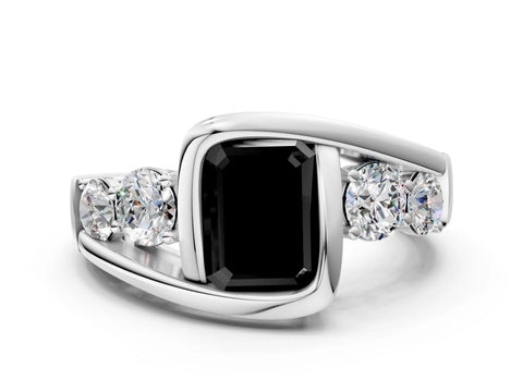 White gold Bezel Set Fancy Black Emerald Cut Diamond Split Shank Ring