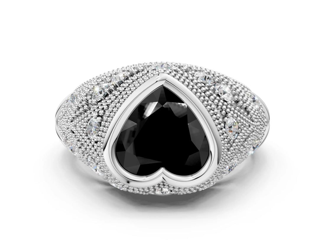White gold Bezel Set Fancy Black Heart Cut Diamond Milgrain Band Ring