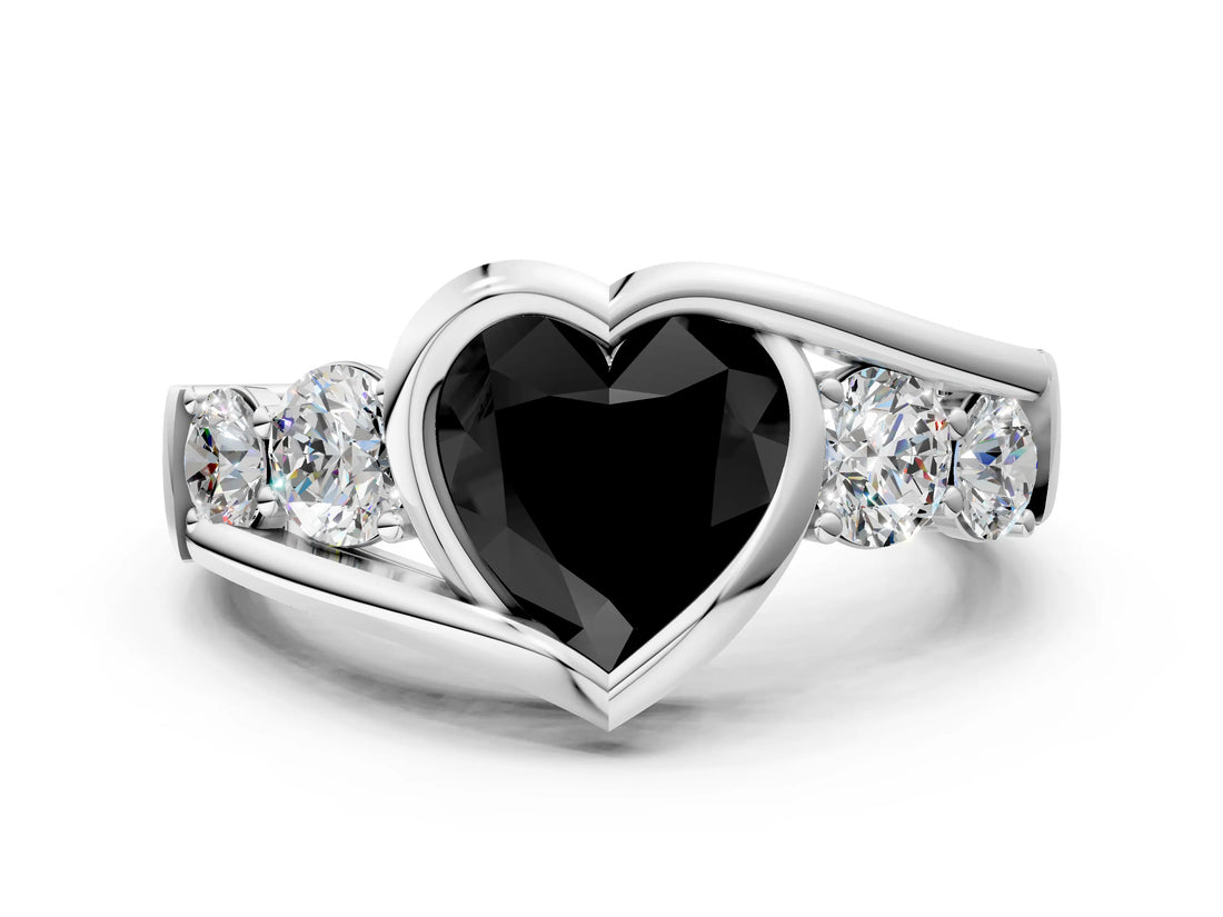 White gold Bezel Set Fancy Black Heart Cut Diamond Split Shank Ring_24