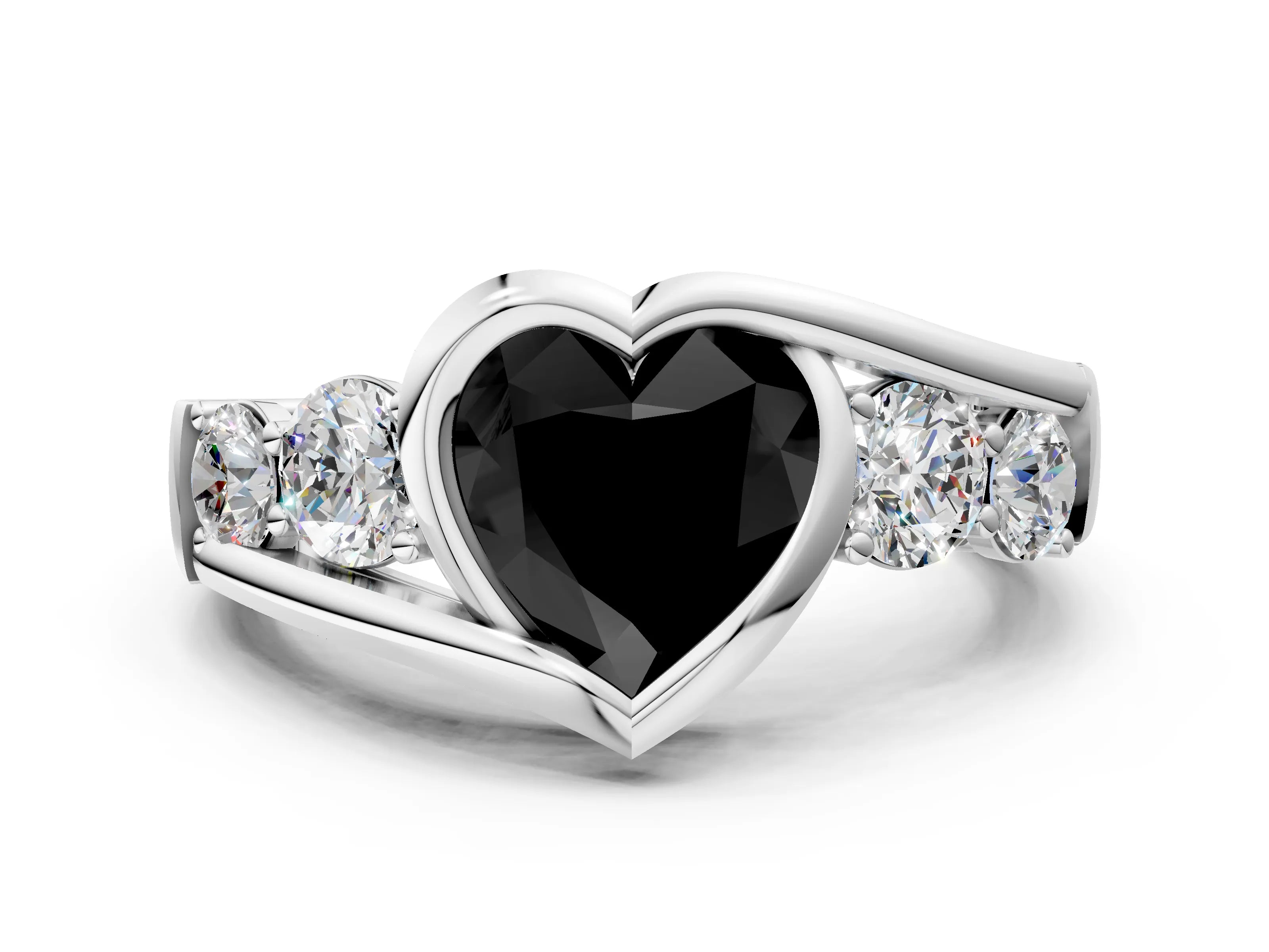 White gold Bezel Set Fancy Black Heart Cut Diamond Split Shank Ring_36