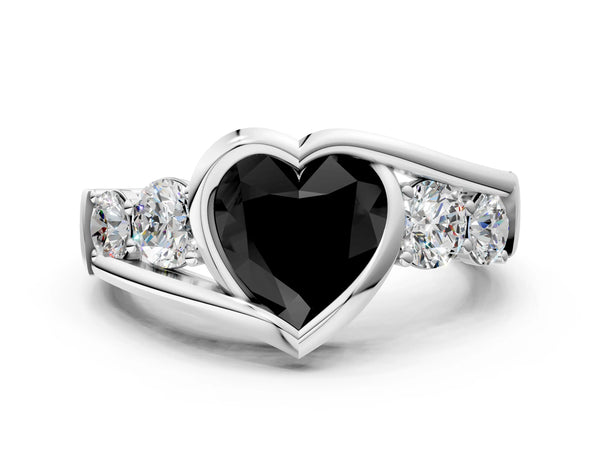 White Gold Heart-Shaped Bezel Bypass Engagement Ring Setting for Black Center