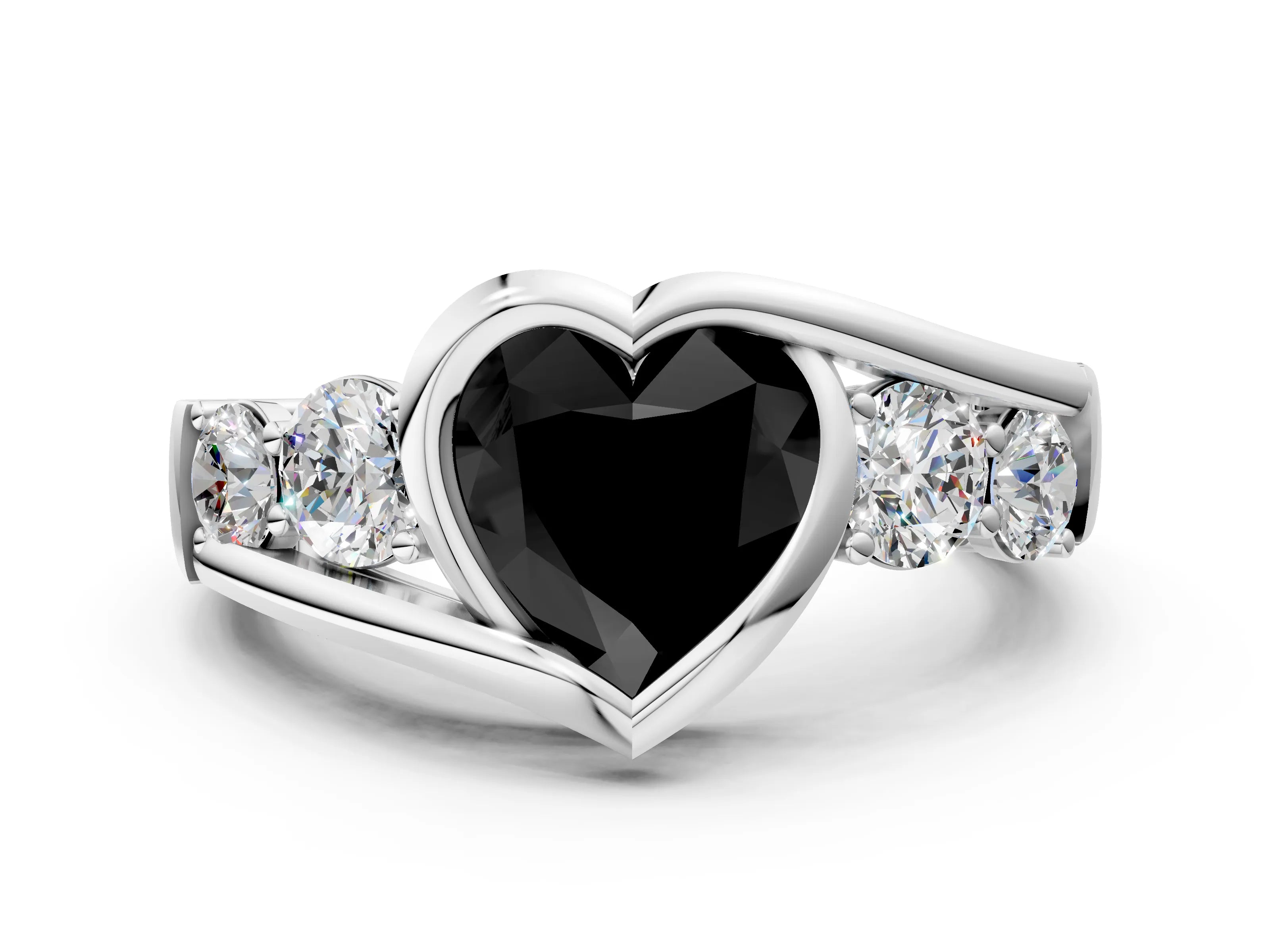 White gold Bezel Set Fancy Black Heart Cut Diamond Split Shank Ring_36