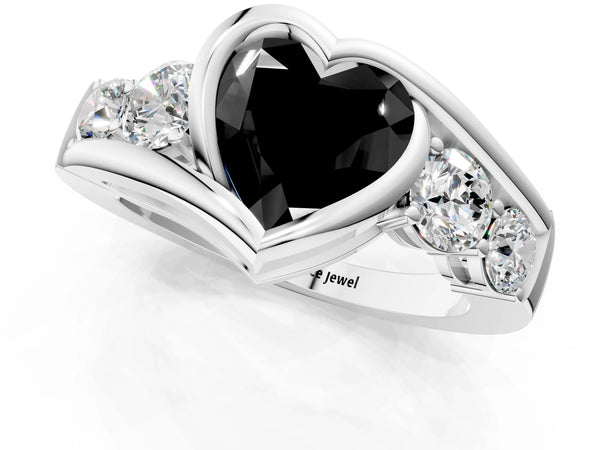 White Gold Heart-Shaped Bezel Bypass Engagement Ring Setting for Black Center