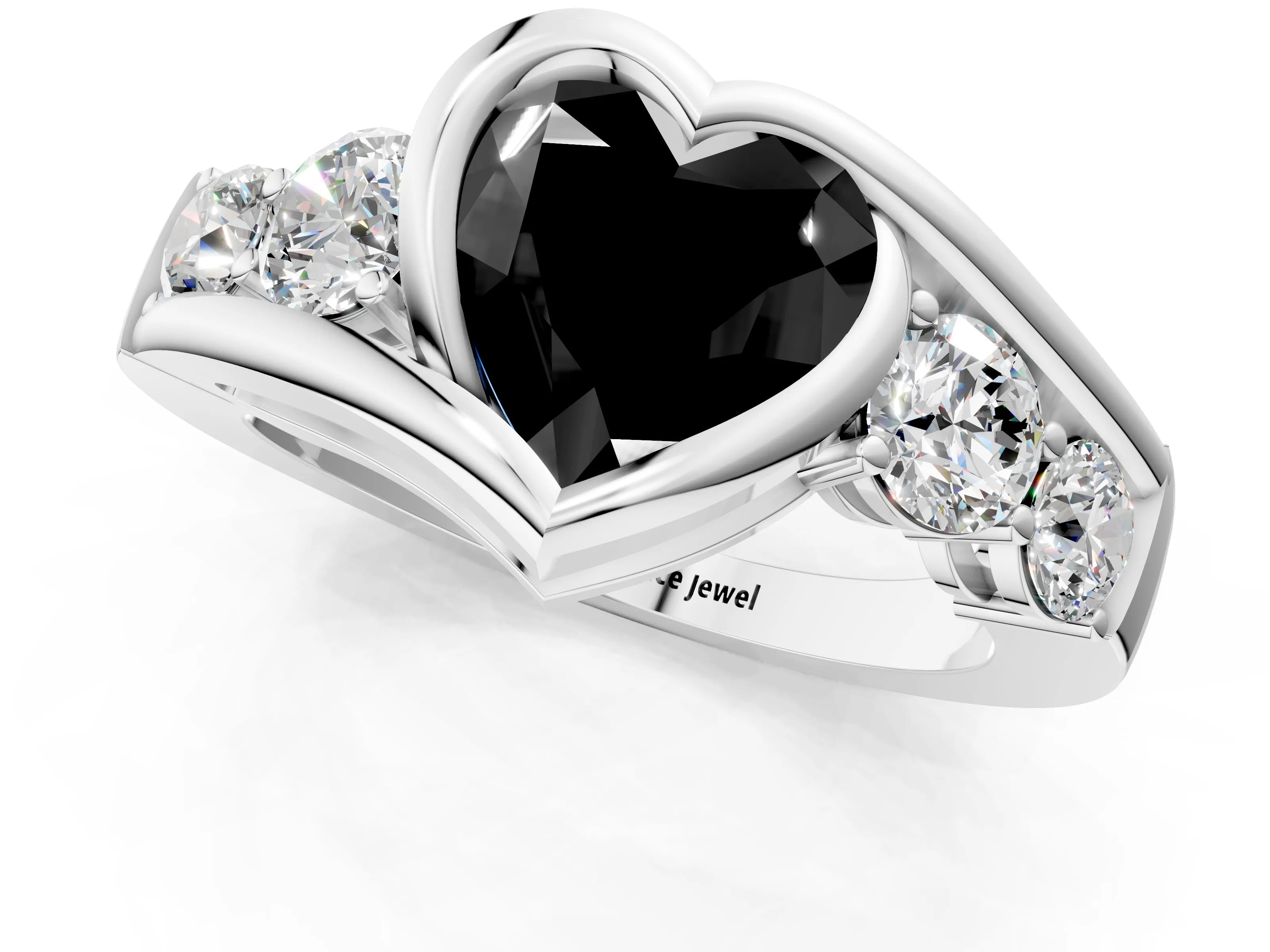 White gold Bezel Set Fancy Black Heart Cut Diamond Split Shank Ring_37