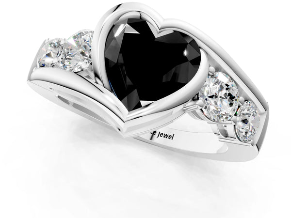 Platinum Heart-Shaped Bezel Bypass Engagement Ring Setting for Black Center with Round Side Accents