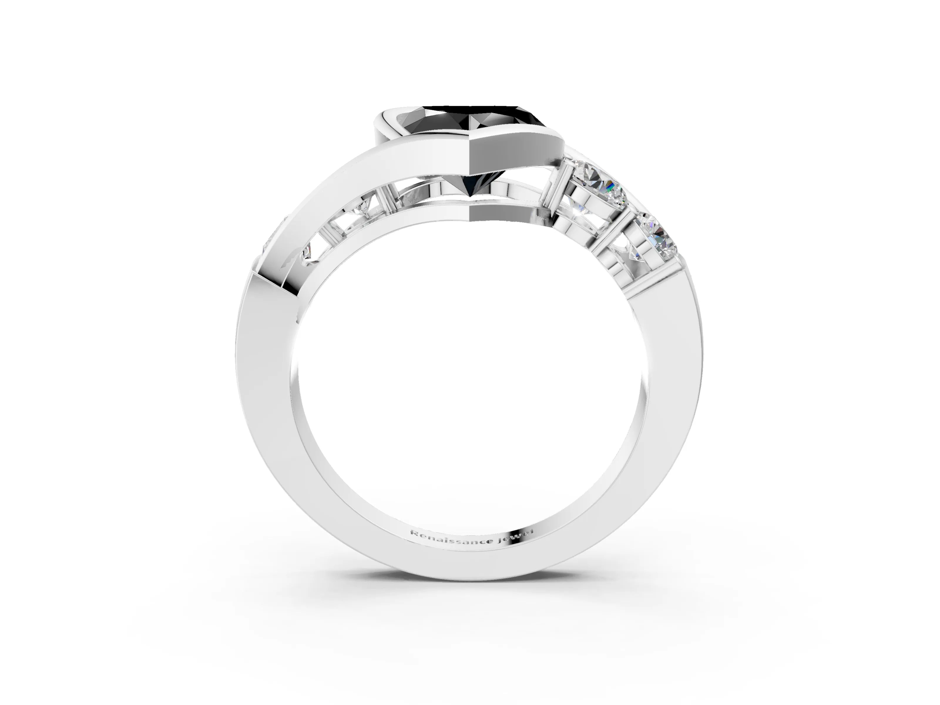 White gold Bezel Set Fancy Black Heart Cut Diamond Split Shank Ring_3