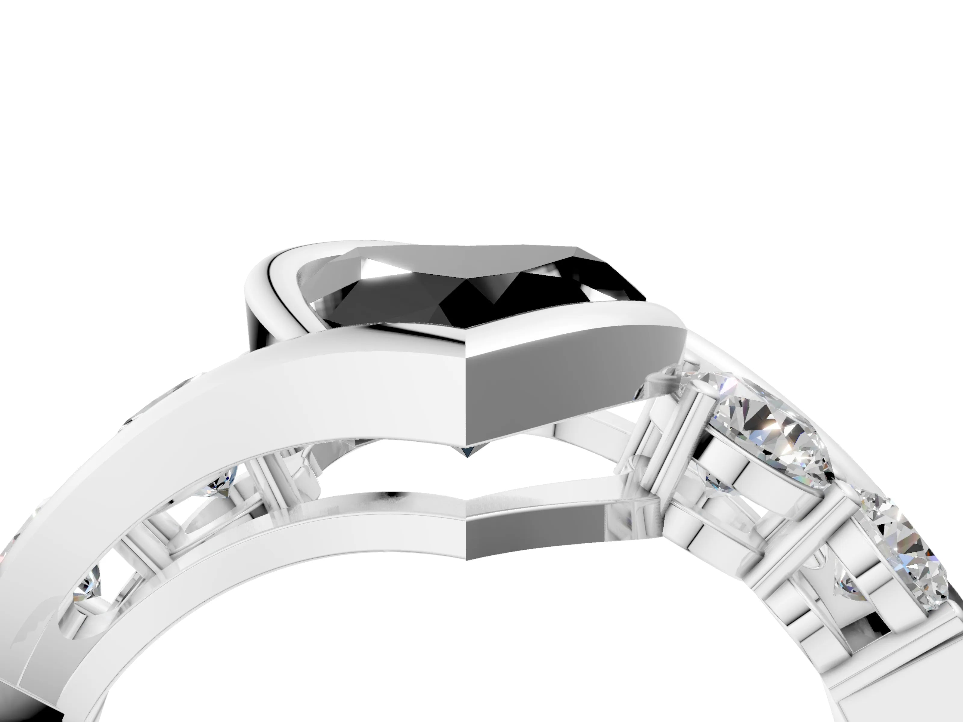 White gold Bezel Set Fancy Black Heart Cut Diamond Split Shank Ring_4