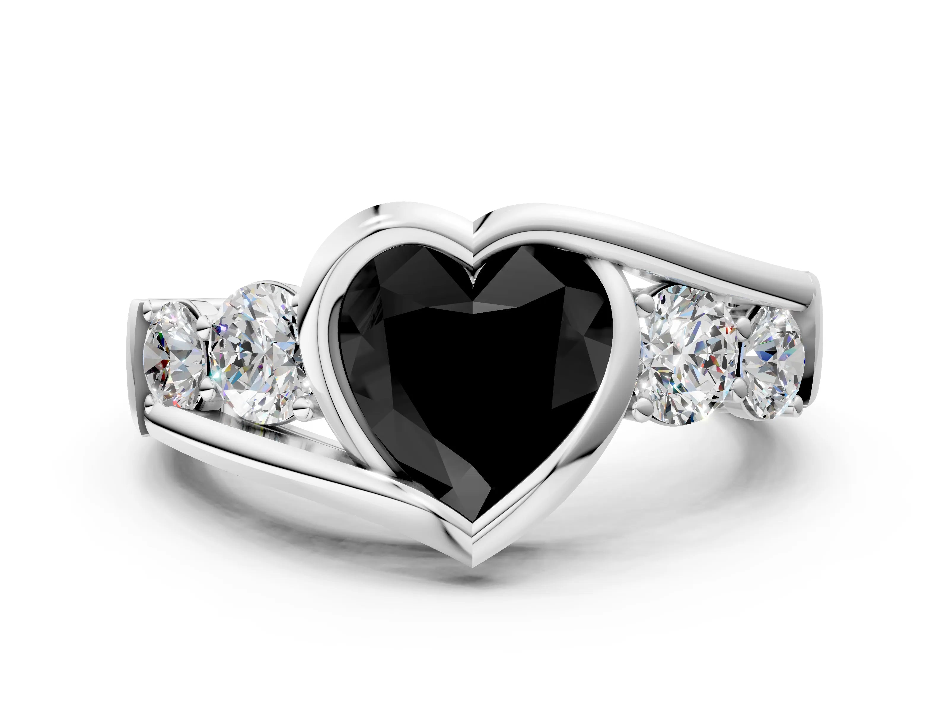 White gold Bezel Set Fancy Black Heart Cut Diamond Split Shank Ring
