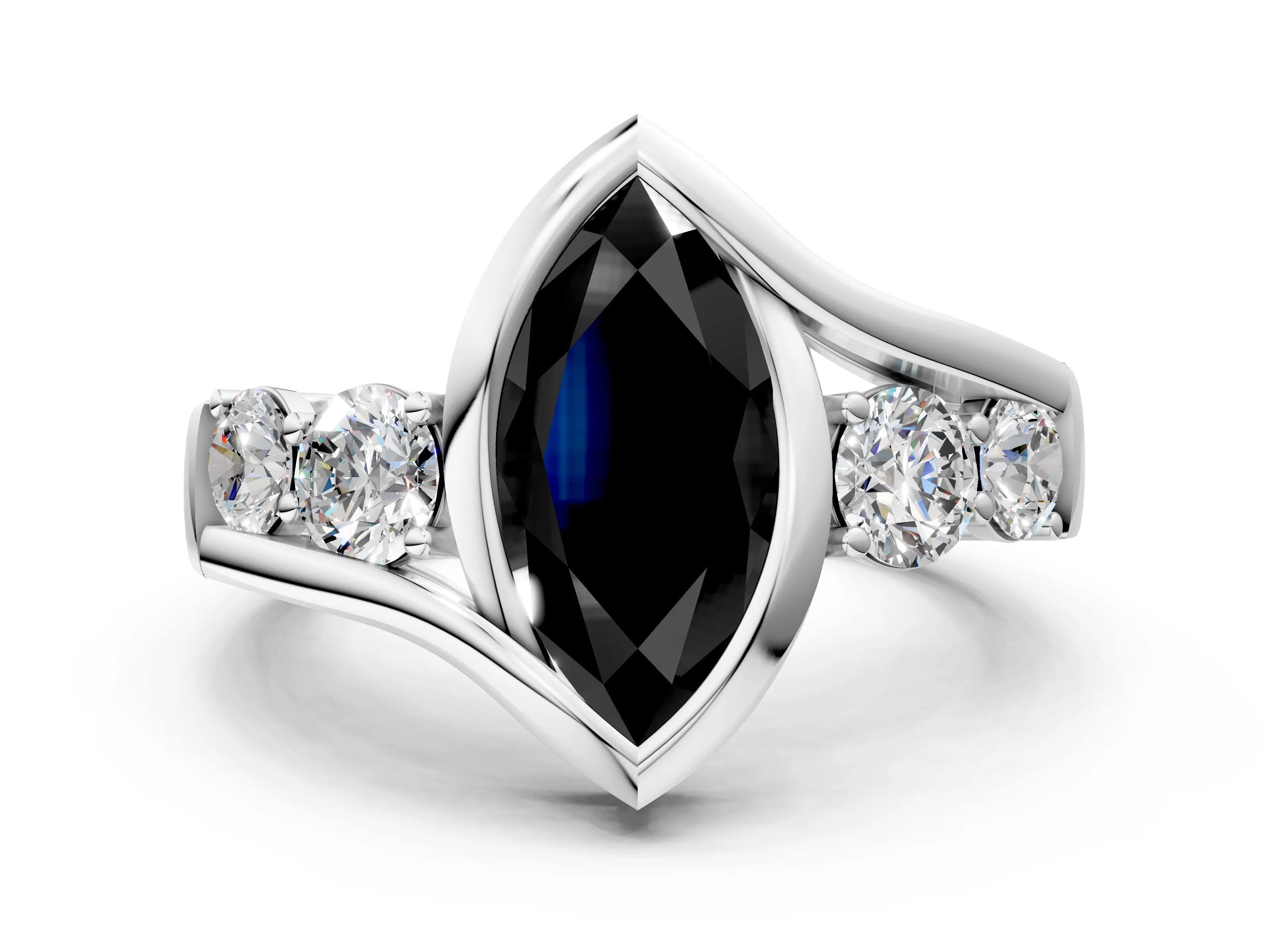 White gold Bezel Set Fancy Black Marquise Cut Diamond Split Shank Ring