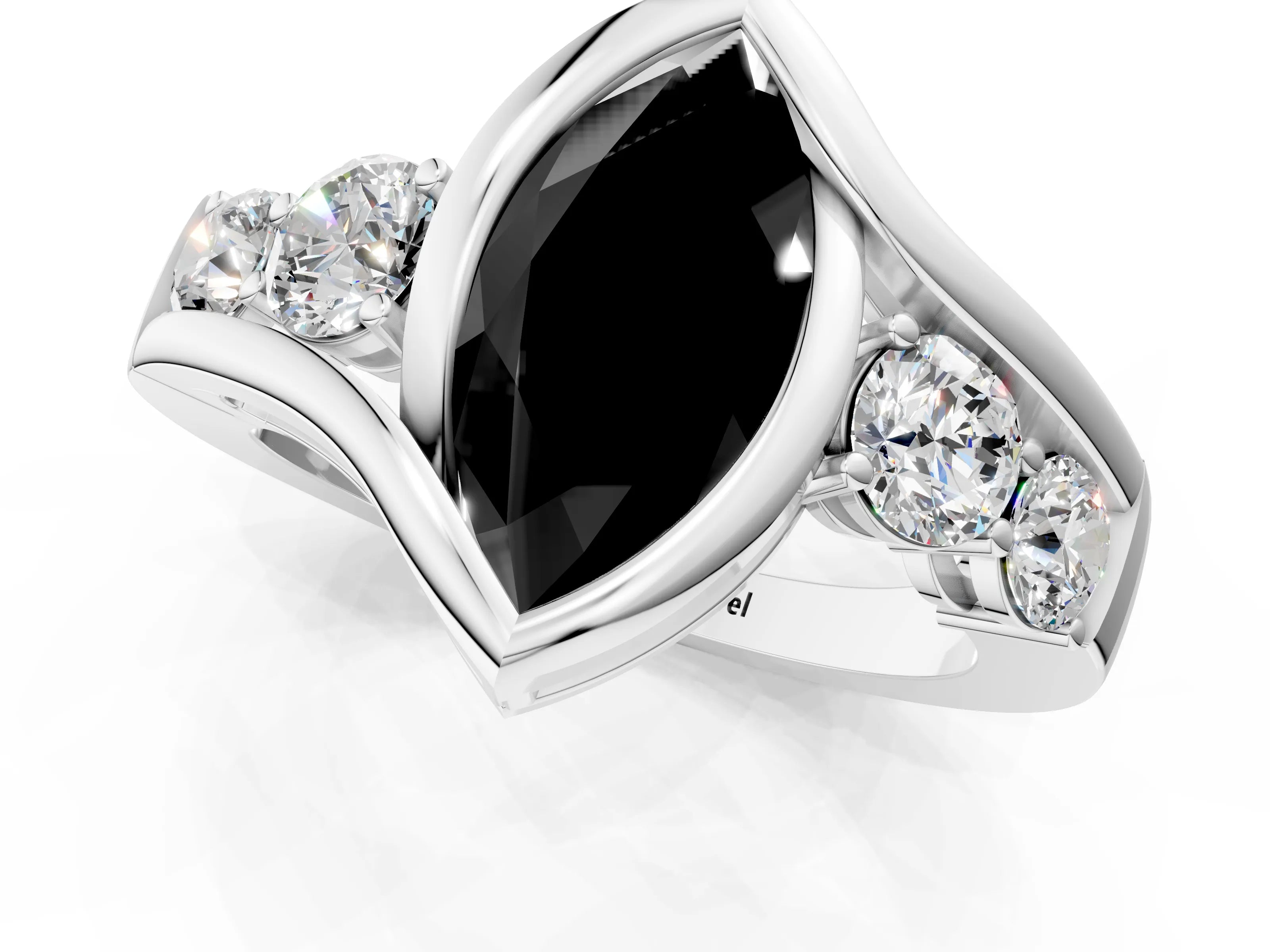 White gold Bezel Set Fancy Black Marquise Cut Diamond Split Shank Ring_35