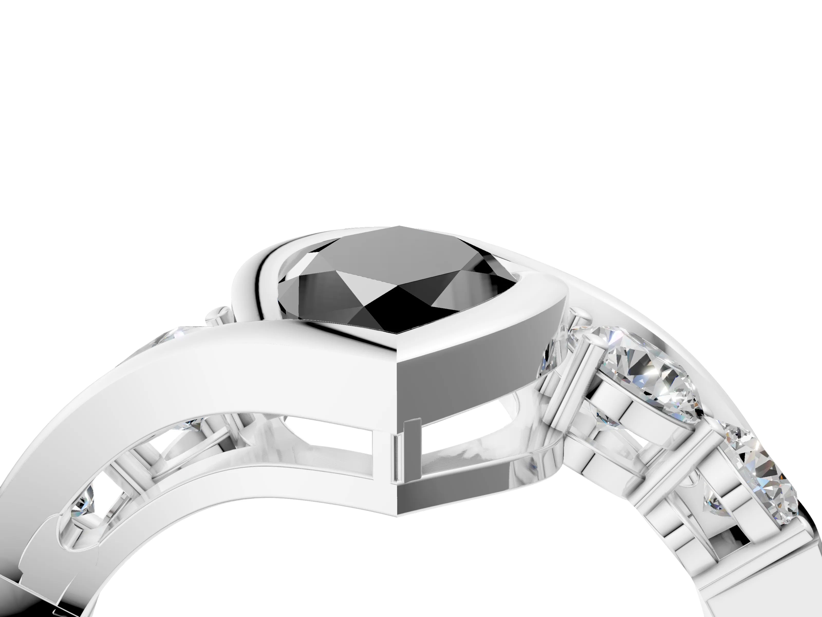 White gold Bezel Set Fancy Black Marquise Cut Diamond Split Shank Ring_4
