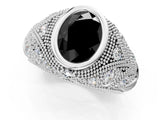 White gold Bezel Set Fancy Black Oval Cut Diamond Milgrain Band Ring_1