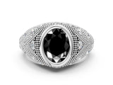 White gold Bezel Set Fancy Black Oval Cut Diamond Milgrain Band Ring