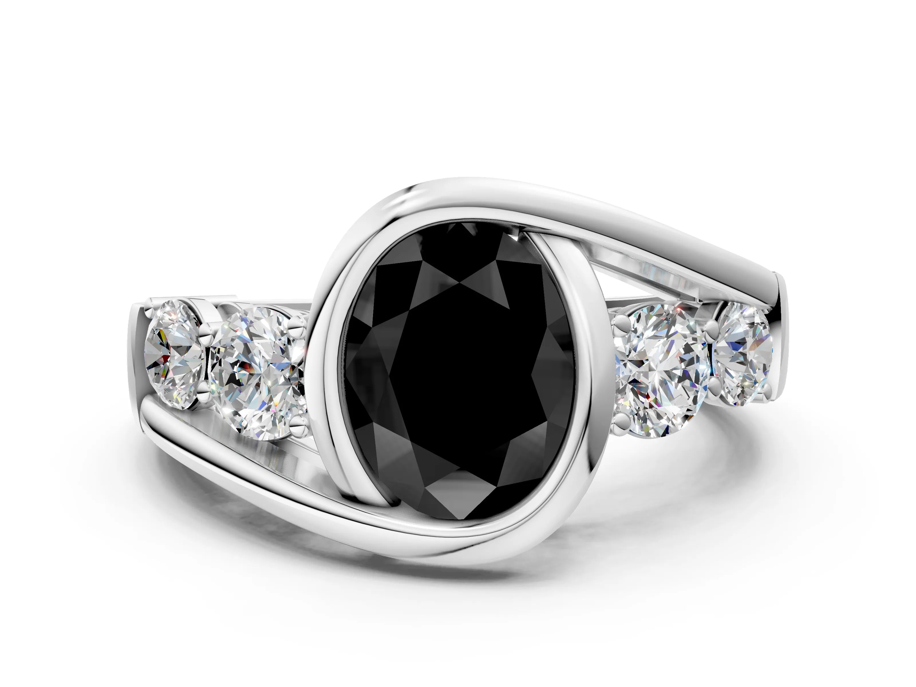 White gold Bezel Set Fancy Black Oval Cut Diamond Split Shank Ring