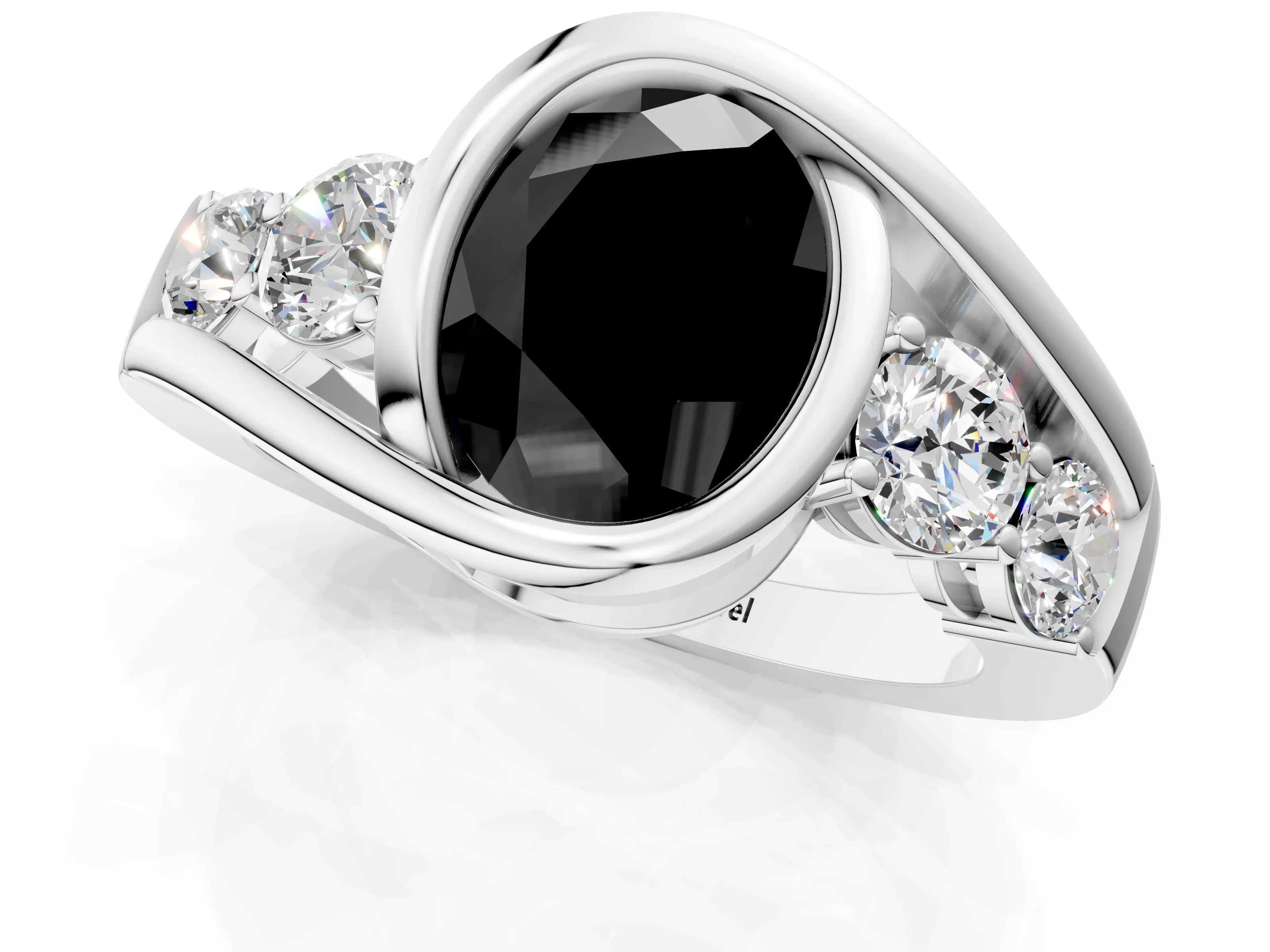 White gold Bezel Set Fancy Black Oval Cut Diamond Split Shank Ring_1