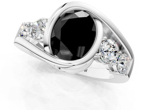 White gold Bezel Set Fancy Black Oval Cut Diamond Split Shank Ring_1