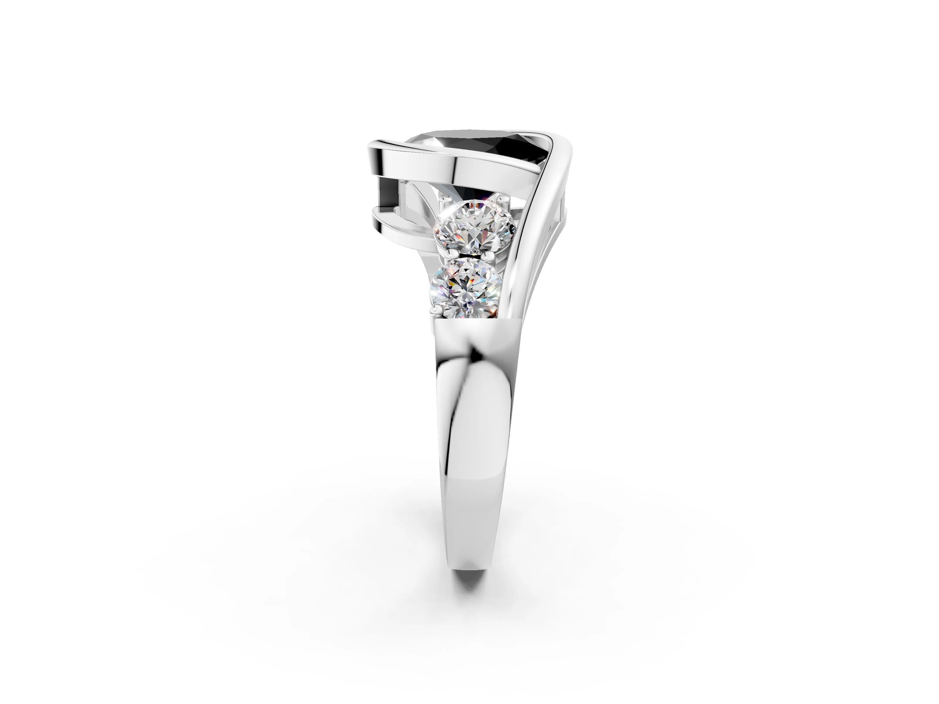 White gold Bezel Set Fancy Black Oval Cut Diamond Split Shank Ring_2
