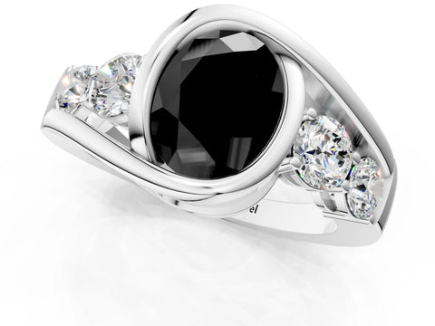 White gold Bezel Set Fancy Black Oval Cut Diamond Split Shank Ring_37