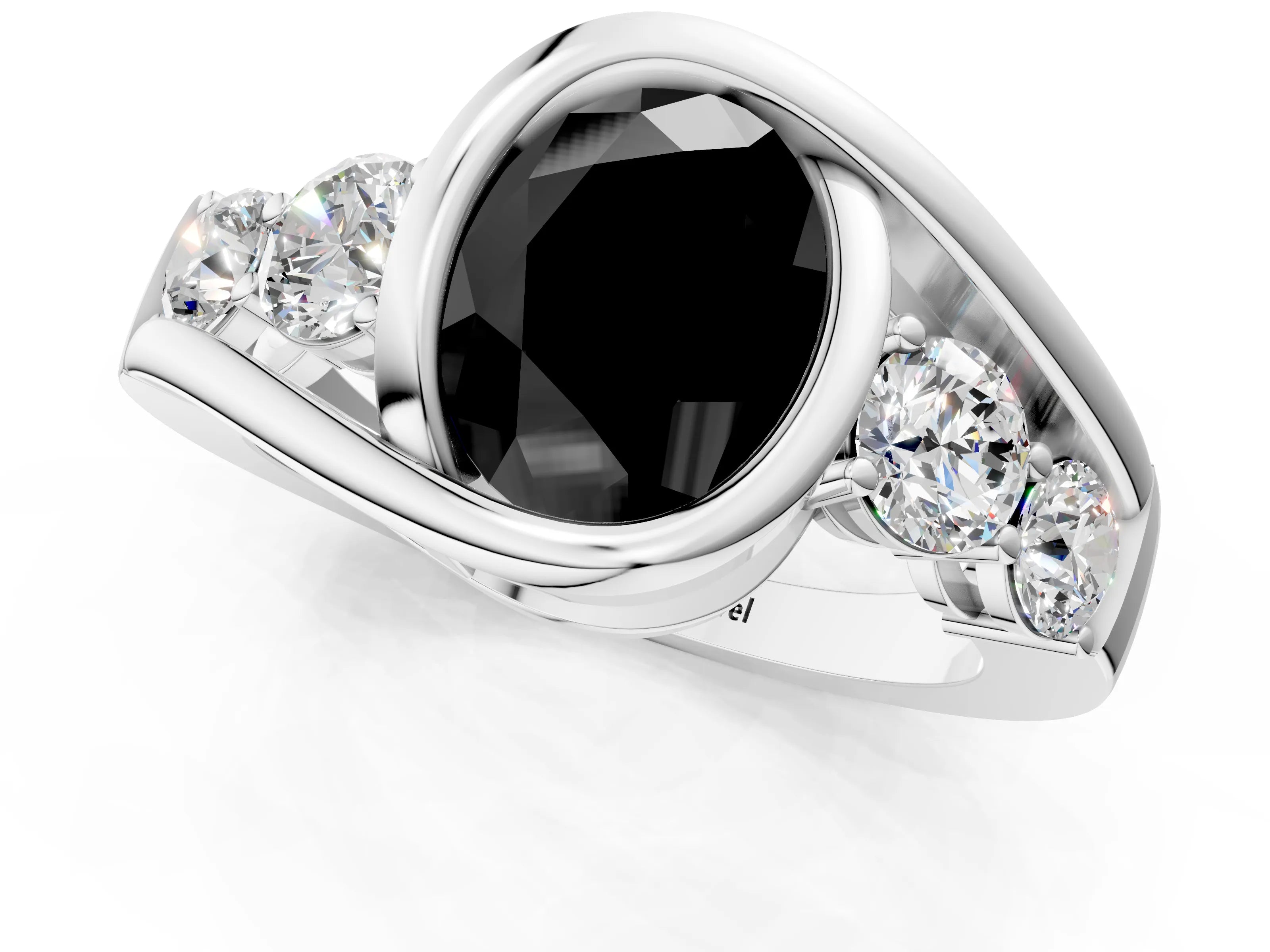 White gold Bezel Set Fancy Black Oval Cut Diamond Split Shank Ring_49