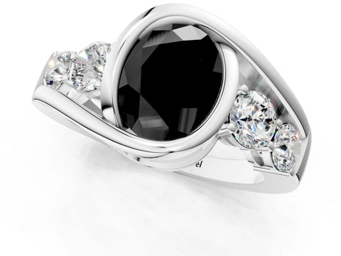 White gold Bezel Set Fancy Black Oval Cut Diamond Split Shank Ring_49