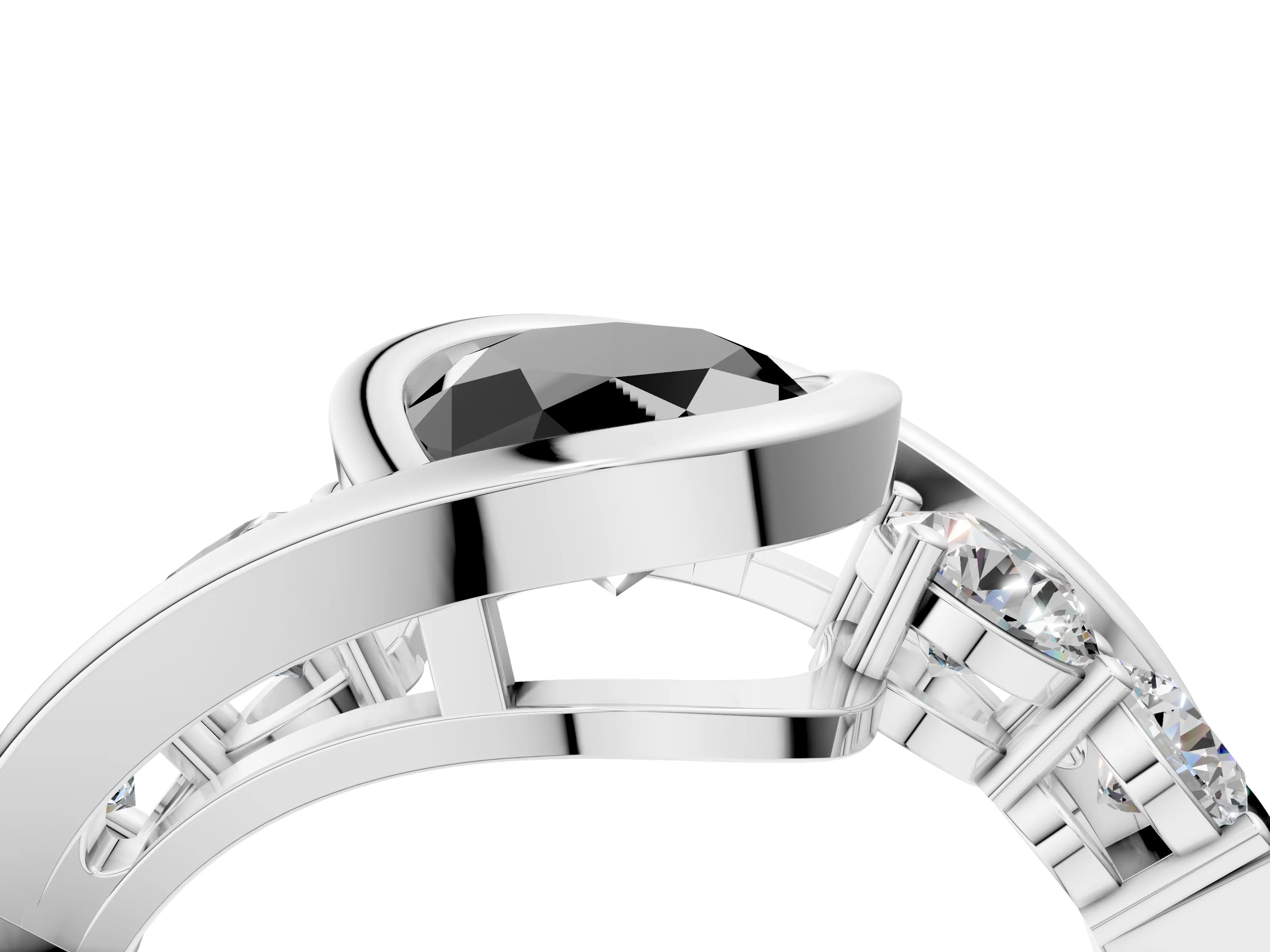 White gold Bezel Set Fancy Black Oval Cut Diamond Split Shank Ring_4