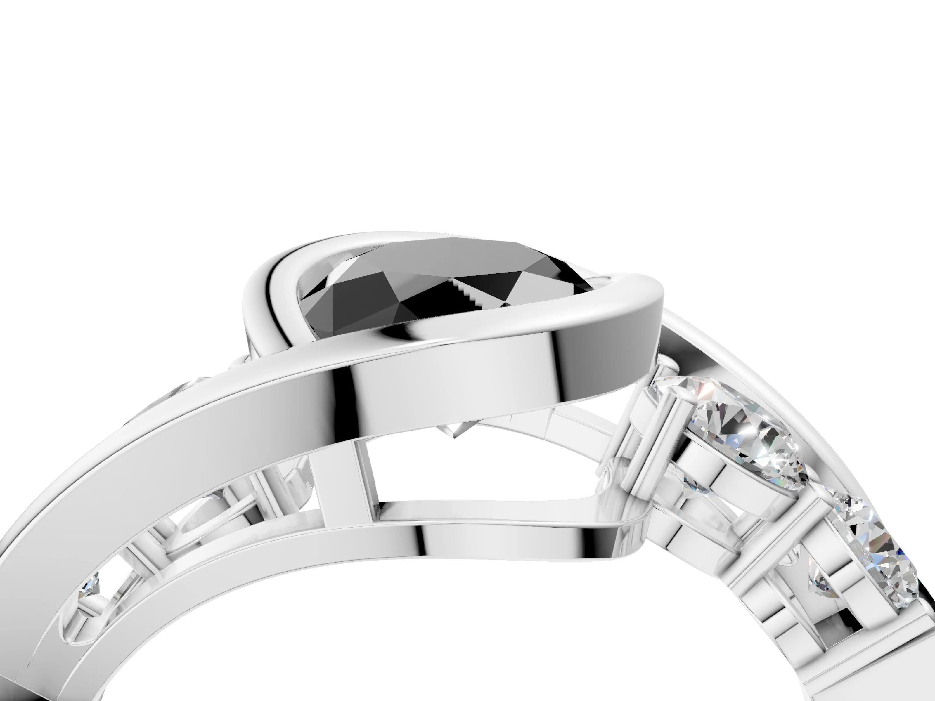 White gold Bezel Set Fancy Black Oval Cut Diamond Split Shank Ring_52