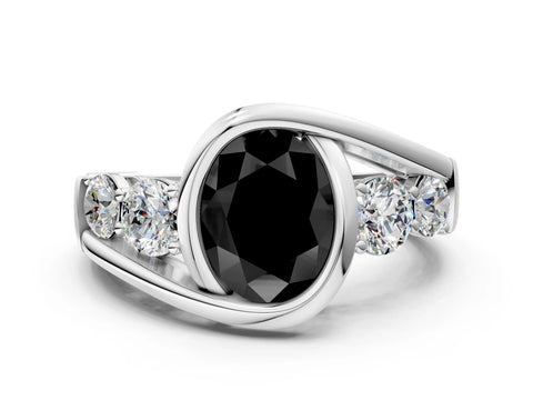 White gold Bezel Set Fancy Black Oval Cut Diamond Split Shank Ring