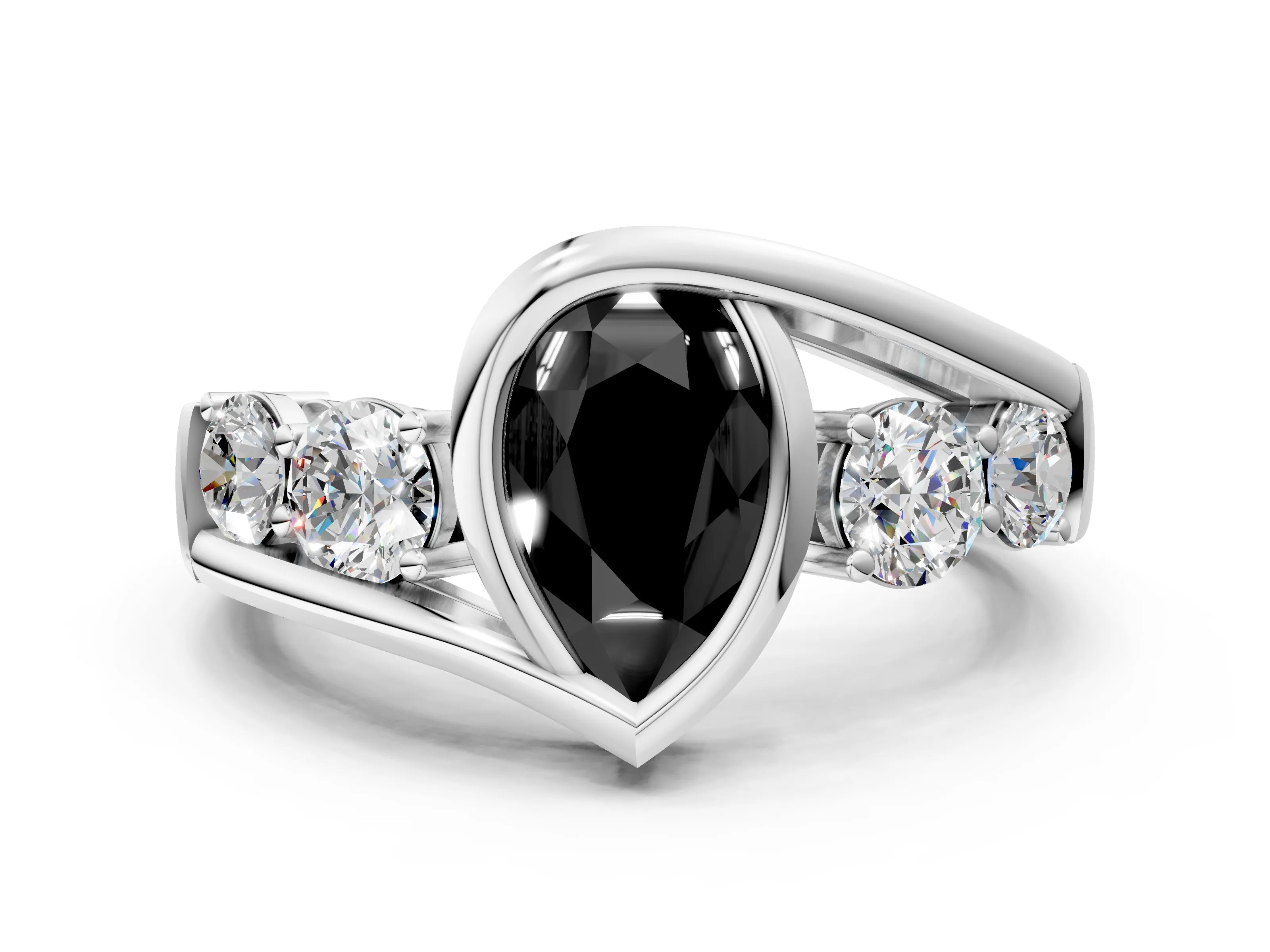 White gold Bezel Set Fancy Black Pear Cut Diamond Split Shank Ring