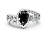 White gold Bezel Set Fancy Black Pear Cut Diamond Split Shank Ring