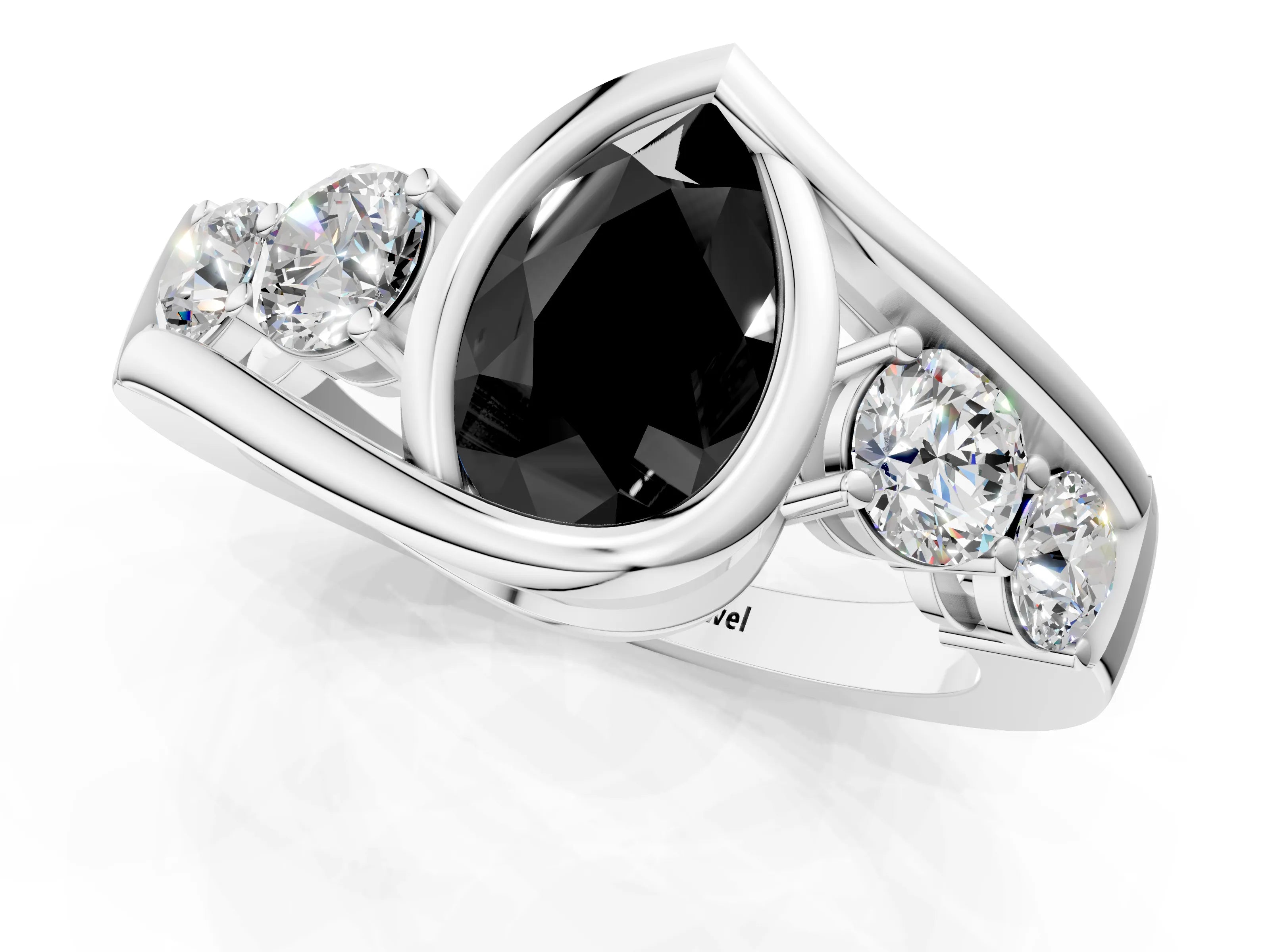 White gold Bezel Set Fancy Black Pear Cut Diamond Split Shank Ring_1