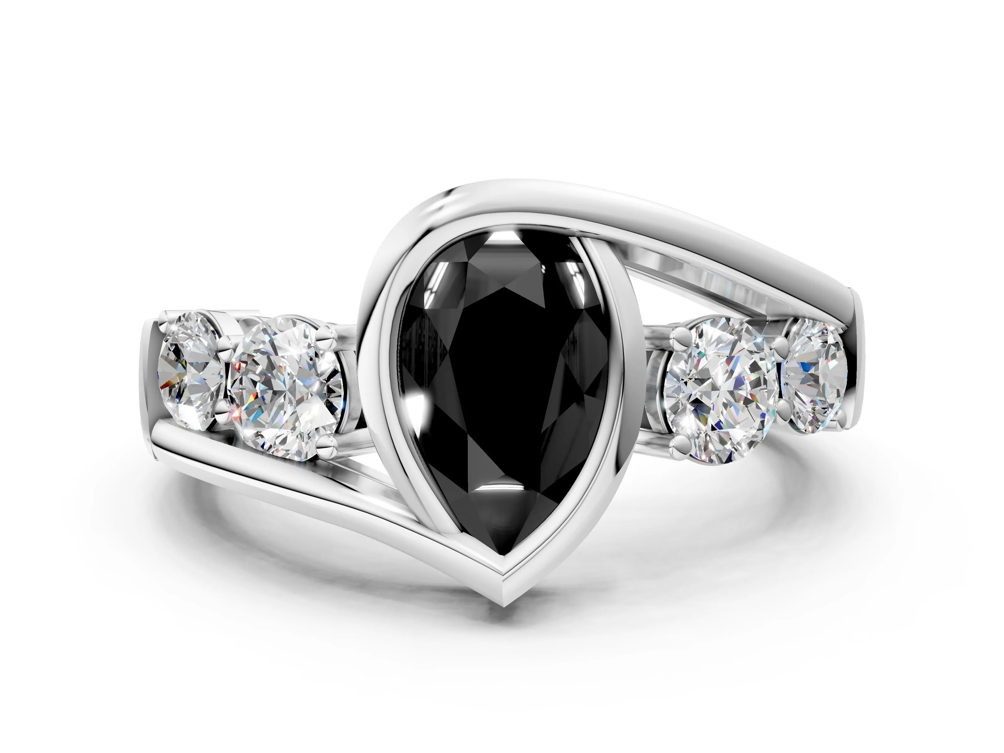 White gold Bezel Set Fancy Black Pear Cut Diamond Split Shank Ring_18