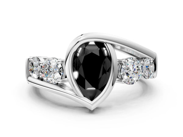 Platinum Pear-Shaped Bezel Bypass Engagement Ring Setting for Black Center with Round Side Accents